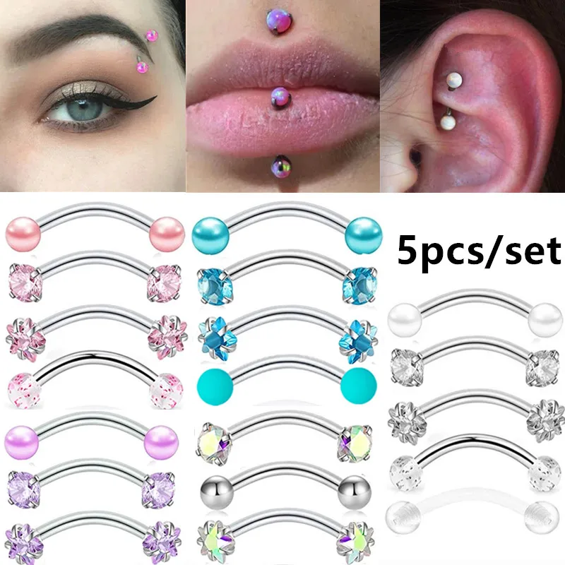 5PCS Crystal Eyebrow Piercing Set Curved Barbell Piercings Rook Earring Bulk Helix Stud Tragus Earrings Cartilage Jewelry Labret