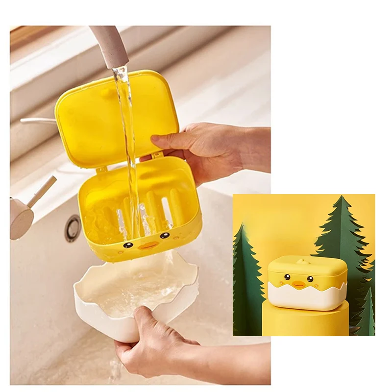 Zeepkist Cartoon Schattige Chick Gebroken Shell Ontwerp Plastic Dubbele Cover Draineerbare Lade Draagbare Badkamer Toiletopslagbenodigdheden