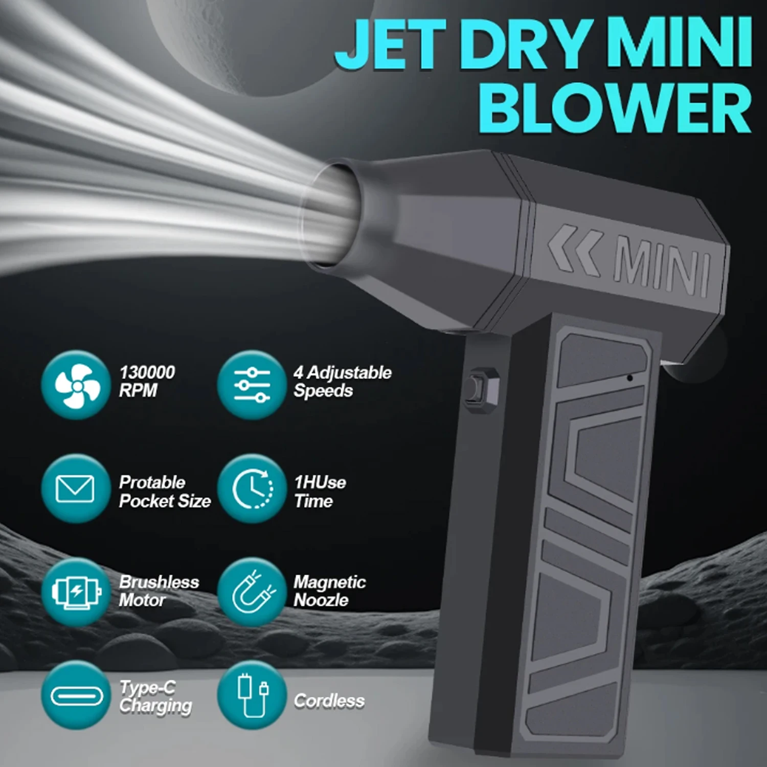 

Turbo Fan Electric Air Duster Portable 130000RPM Cleaning Jet Blower Tool Car Blowing Snow 4 Gears adjustable Type-C Charging