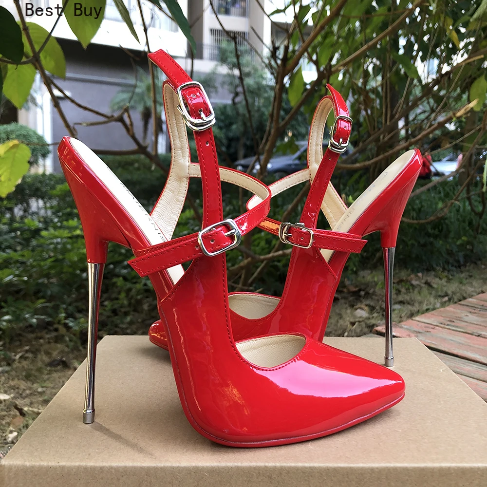 

16cm High Heels Ladies Sandals Large-Size Woman Pumps Stiletto Heel Show Modeling Party Summer Ankle Strap Color Panel Extreme