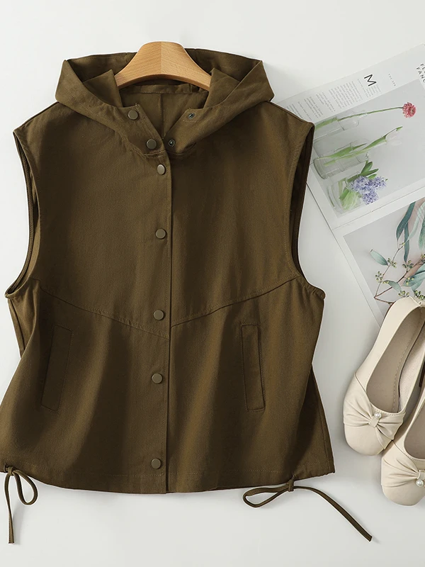 Japanese Style Simple Workwear Hooded Vest Women's Autumn New Commuting Versatile Bottom Drawstring Casual Shoulder Trend