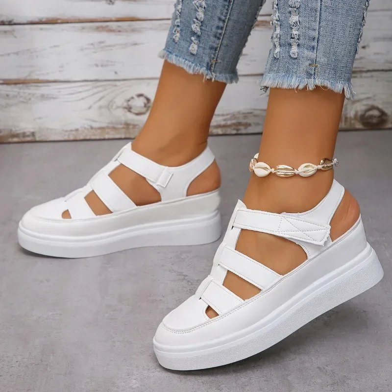 Sandals for Woman 2024 New Wedges Heels Platform Sandals Women Hollow Out Leather Gladiator Summer Thick Sole Sandalias Mujer