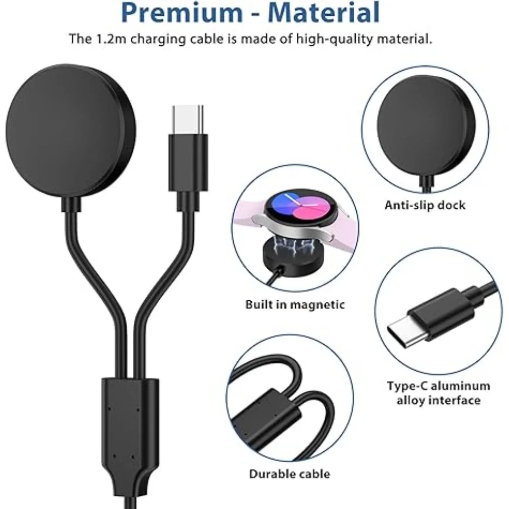 USB 2-in-1 Replacement Charger for Samsung Galaxy Watch Ultra/8/7/6/6 Classic/5 Pro USB-C Smartwatch and Phone Charger