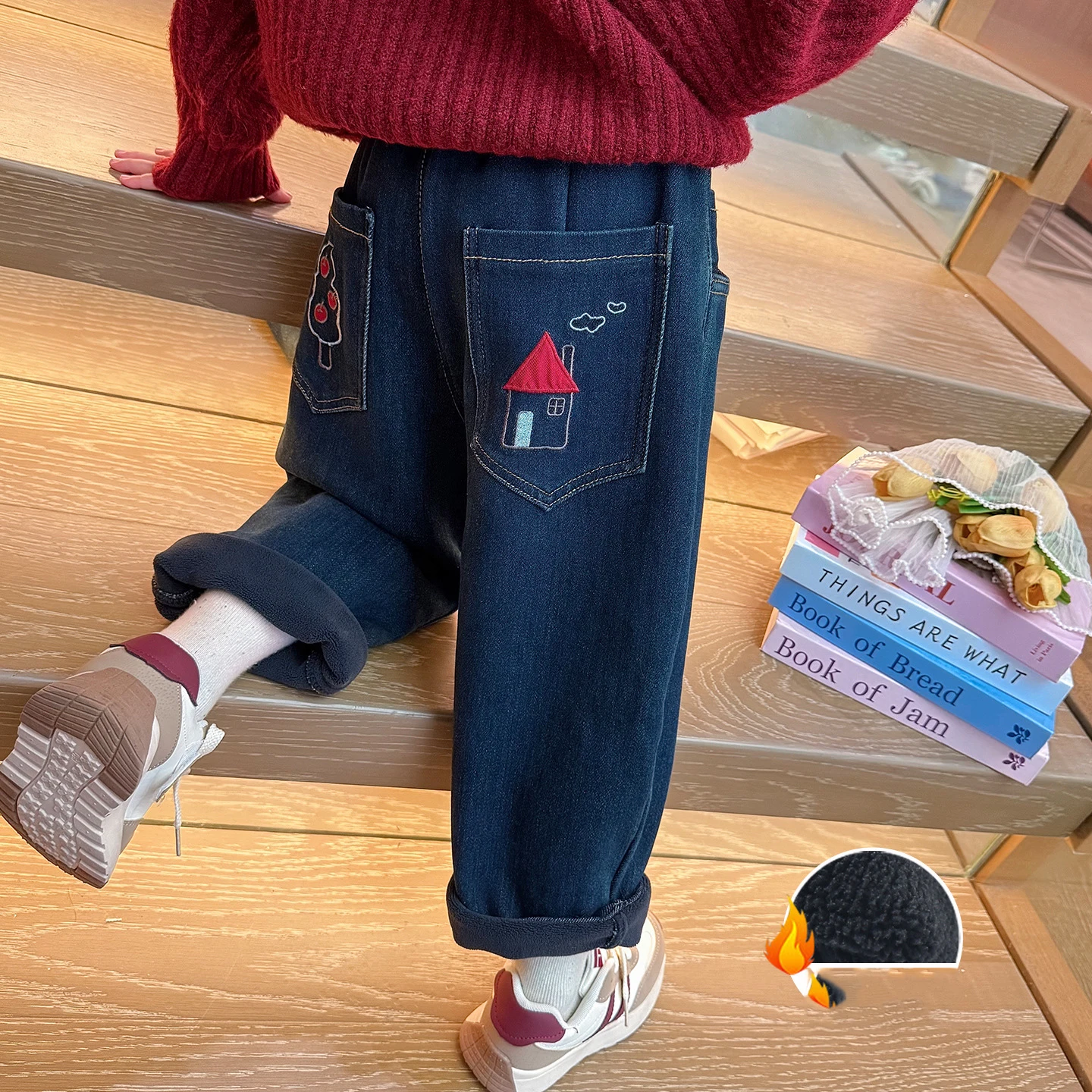 

Kids Baby Girl Straight Pant House Embroidery Thicken Warm Toddler Girls Casual Demin New Winter Elastic Waist Infant Girls Pant