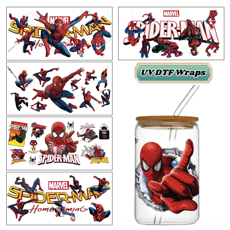 Cartoon Spider Hero Character Stickers UV DTF Waterproof Transfers Decals 16oz Libbey Glass Cup Scratch Resistant Stickers