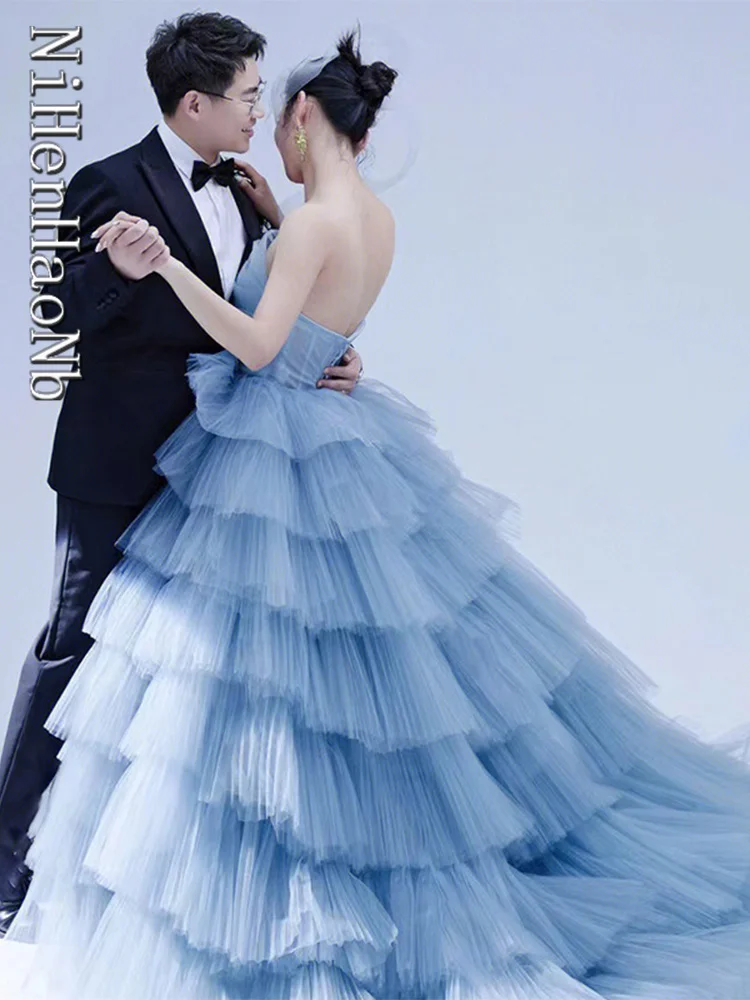 Princess Baby Blue Quinceanera Dresses Strapless Multi-layer Evening Dress Sexy Sweep Tail Party Dress