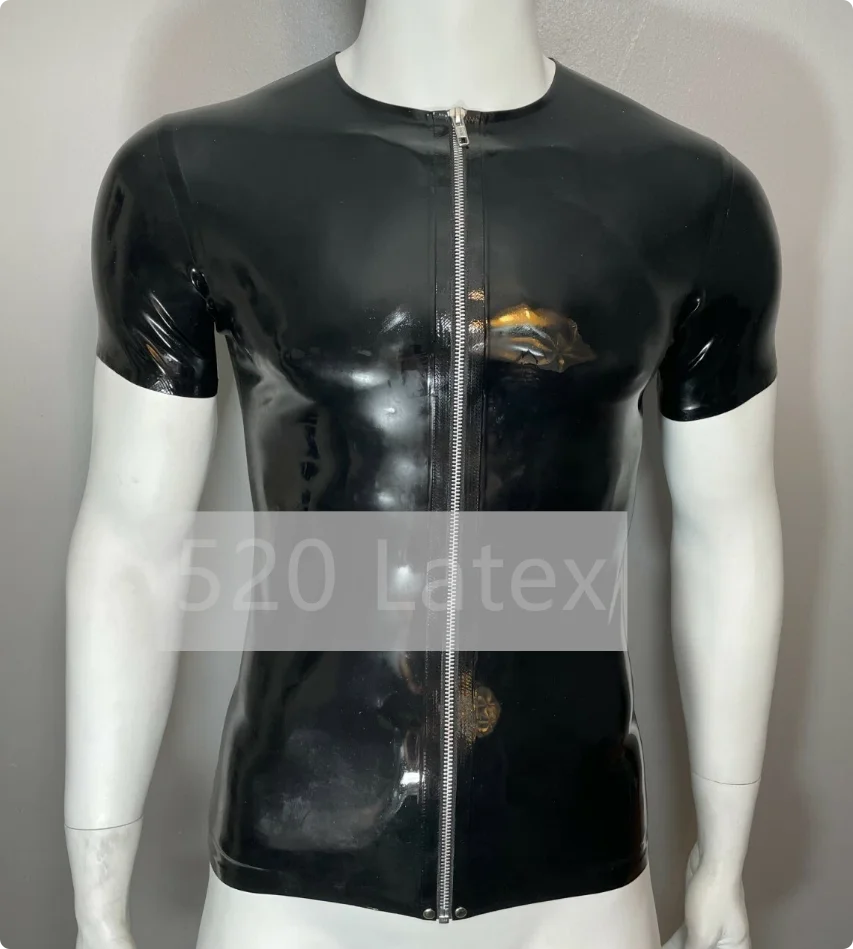 

Men's Latex Crew Neck Short Sleeves T-Shirt Front Zip Fetish Classic Handmade Tops Rubber Male Polo Shirt Halloween Club Outfit