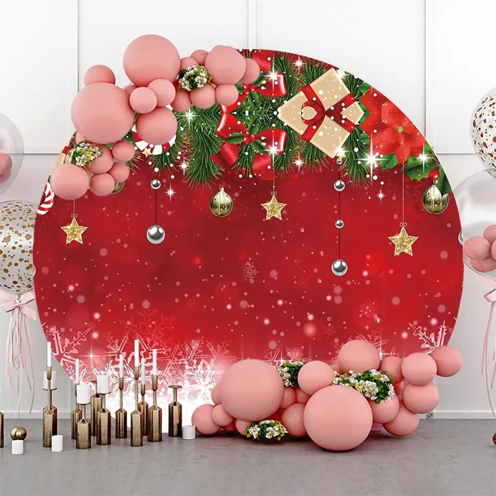 Merry Christmas Round Backdrop Cover Star Bell Bow Green Pine Branches Red Photography Christmas Party Decor Background Studio