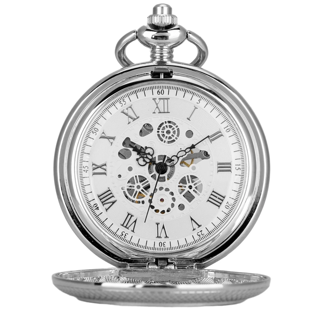 

Vintage Fashion Silver Roman Numerals Display Manual Mechanical Pocket Watch Men's Fob Chain Pendant Clock Retro Timepiece Gift