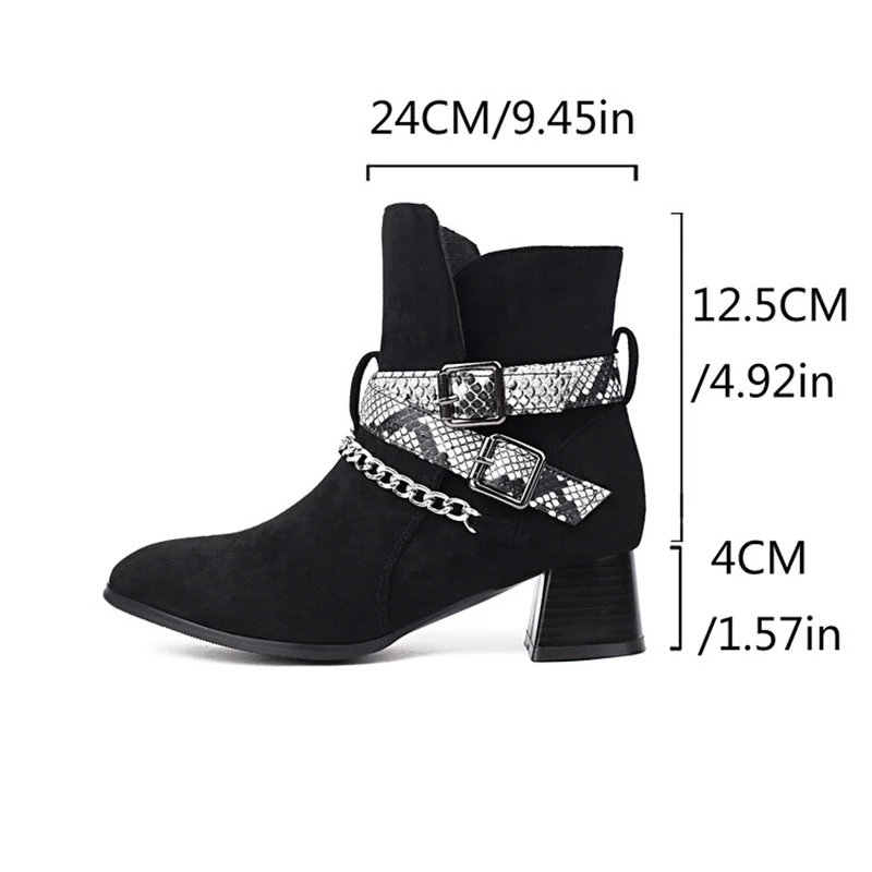 ASILETO 2024 Print Flock Ankle Boots Round Toe 4CM Sqaure Heels Vuckles Big Size 45 46 US15 Fashion Black Red Yellow