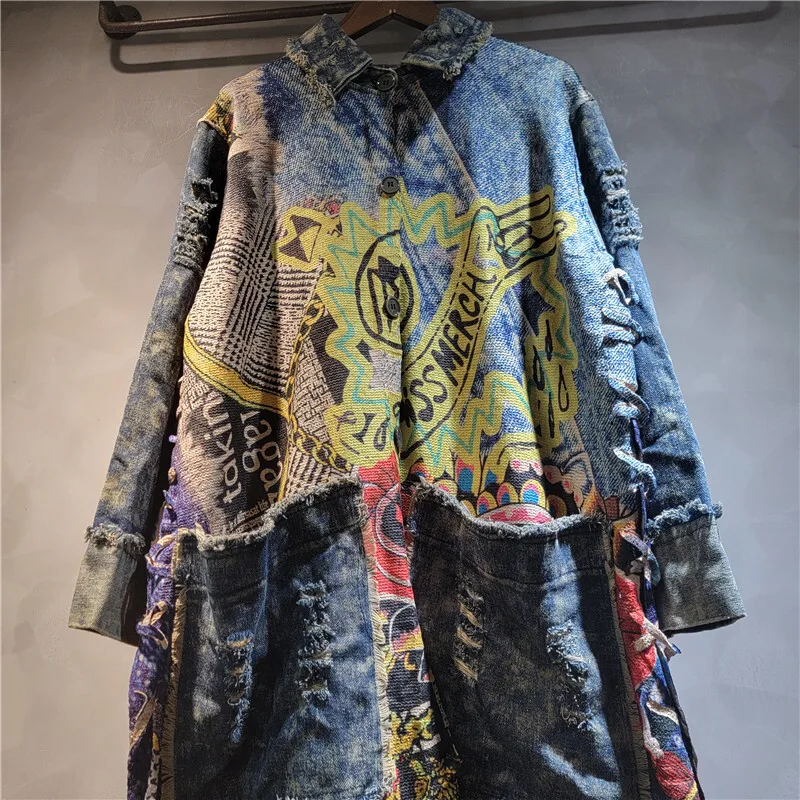WTHT модное женское вязаное джинсовое длинное пальто с нерегулярным принтом, новинка лета 2021, женская куртка с большими карманами и лацканами 1LS2196