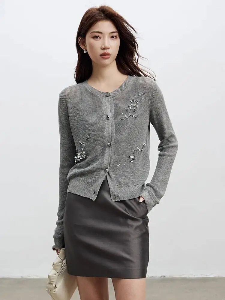 

Autumn Lyocell Linen Knitted Cardigan Women Handmade Beaded Heart Button Single Breasted Thin Sweater
