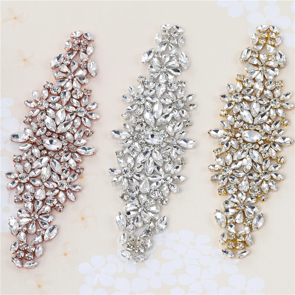 (1 pieza) Apliques de Strass para coser, diamantes de imitación para cinturón de boda, parche de perlas, cristales, hierro sobre vidrio para diadema nupcial, adorno