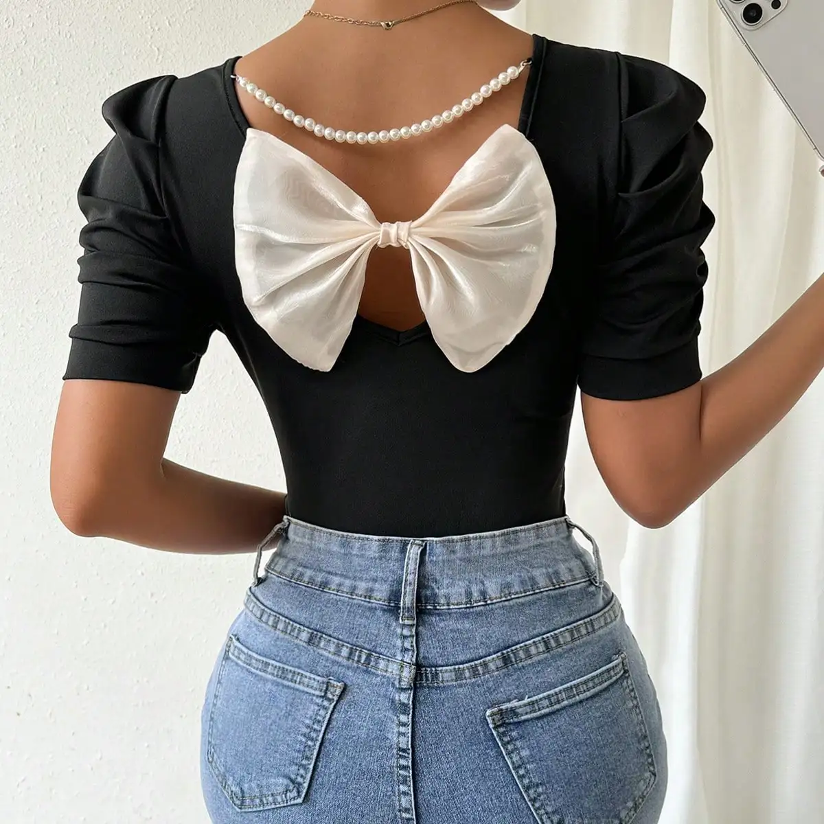 

Pop European And American Versatile Bubble Short Sleeved T-shirt Bow Top Pullover