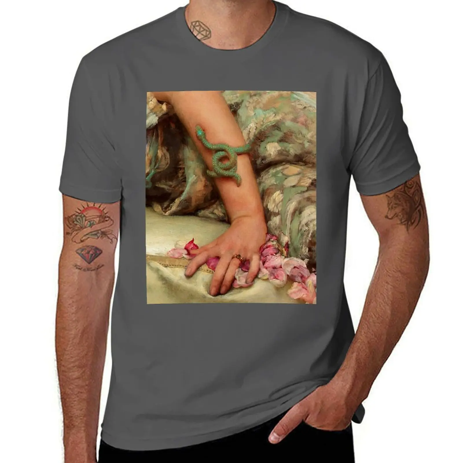 

Pre-Raphaelite Woman's hand with Serpent bracelet Rose Petals detail T-Shirt blanks plain t shirts for men