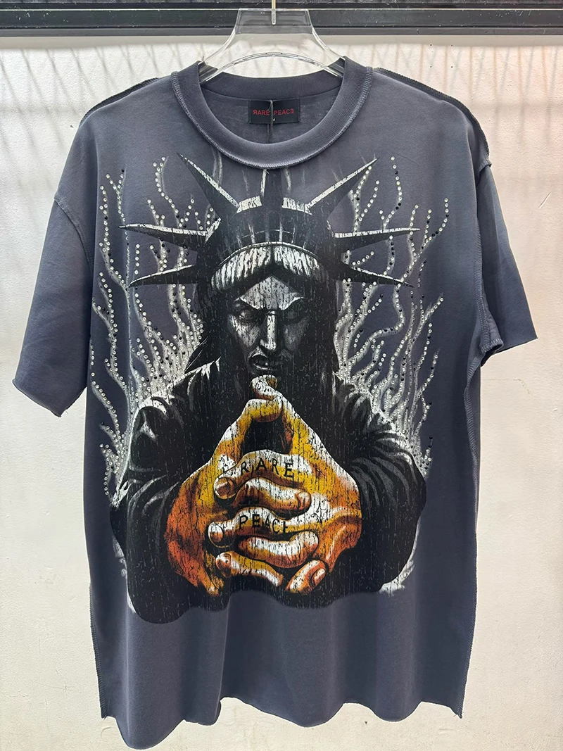 Jesus Liberty Crown Strass Grafik-T-Shirt Herren Vintage Farbverlauf Wascheffekt Übergroßes West Coast Outfit Hip Hop Baumwoll-T-Shirt – Detail 2