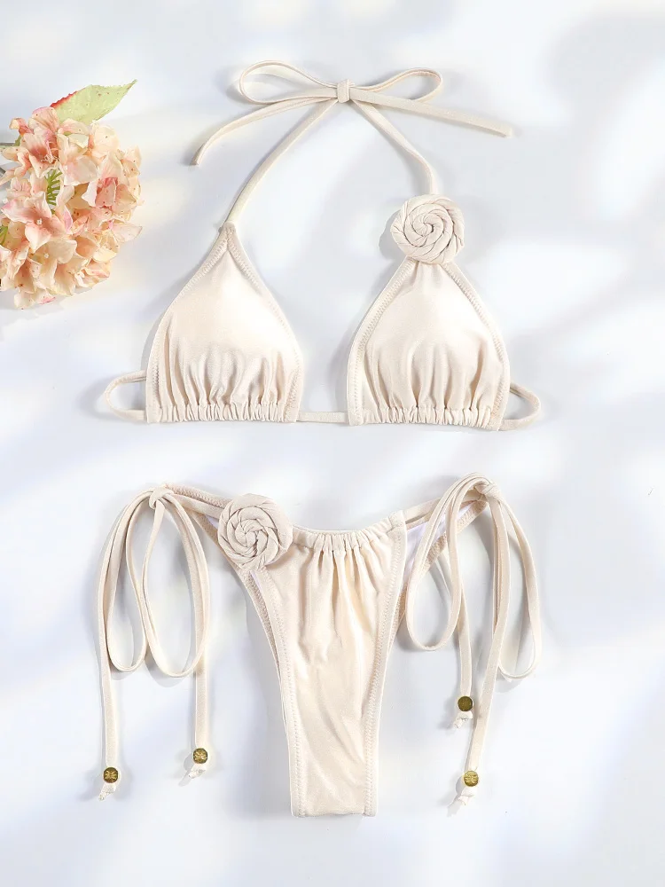 

3D Floral Bikinis Set Triangle Swimsuit Swimwear Low Waist Women Bathing Suit Sexy Folds 2025 Summer High Cut Bikini