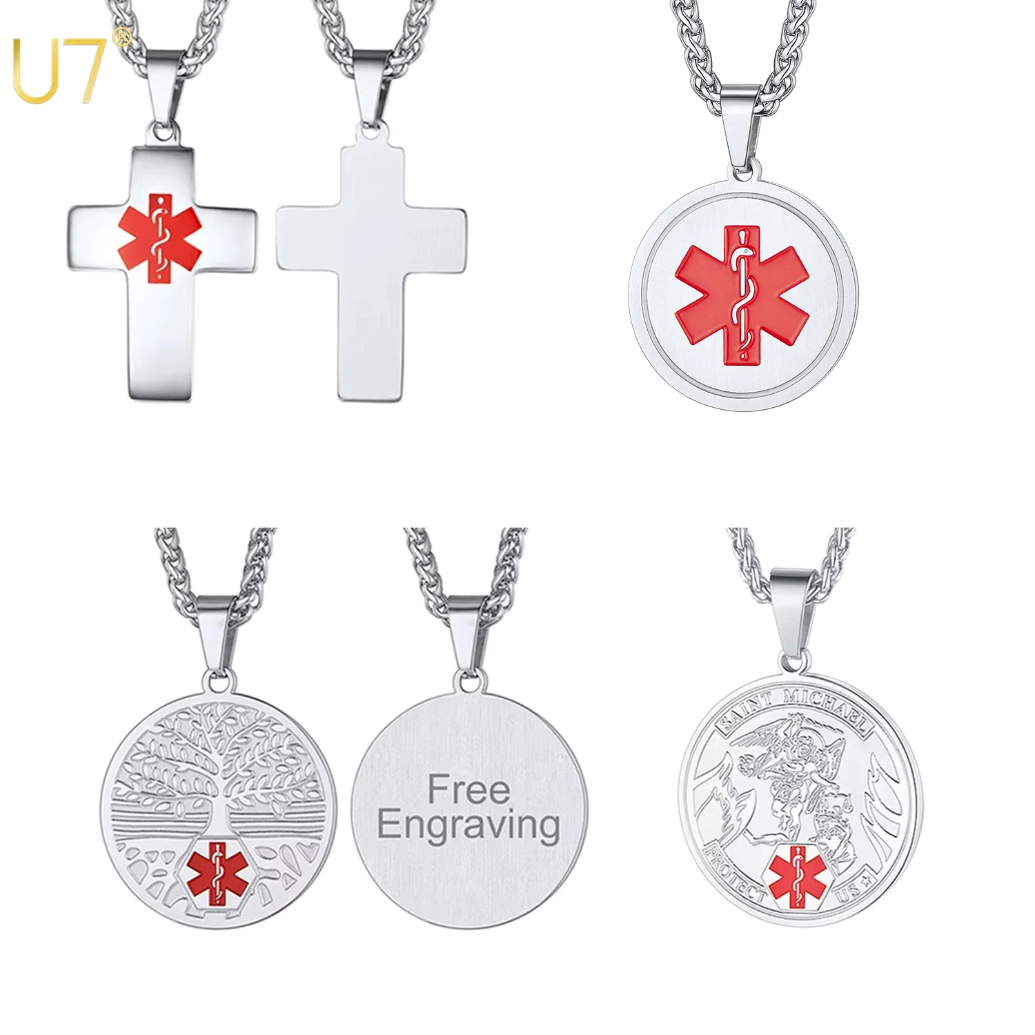 U7 Custom Text Engrave Medical Alert ID Necklaces for Man Woman 316L Stainless Steel First Aid Medical Info Allergy Jewelry Gift