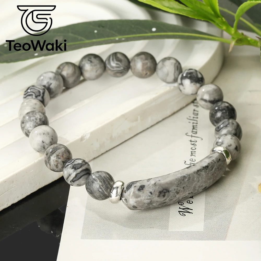 Teowaki Natural Stone Beaded Elastic Stretch with Round Beads and Bridge-type Map Jasper Decoration Daily Jewelry Gift 19cm