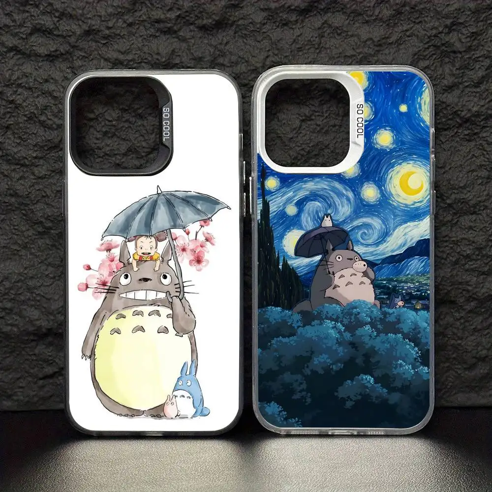 

T-Totoro Anime Phone Case For iPhone17,16,15,14,13,12,11 Pro Max Blcak Colorful Silver Plated Inside Phone Case
