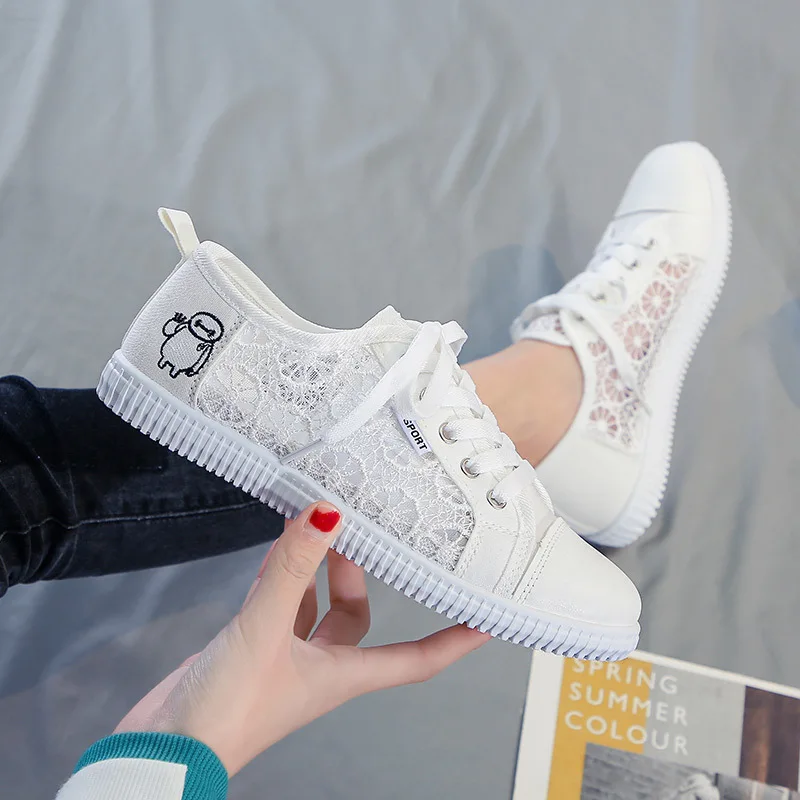 

White Flat Shoes Women Lace Breathable Sneakers Lady Summer Students Mesh Canvas Shoes 2023 Summer New Female Casual Footwear