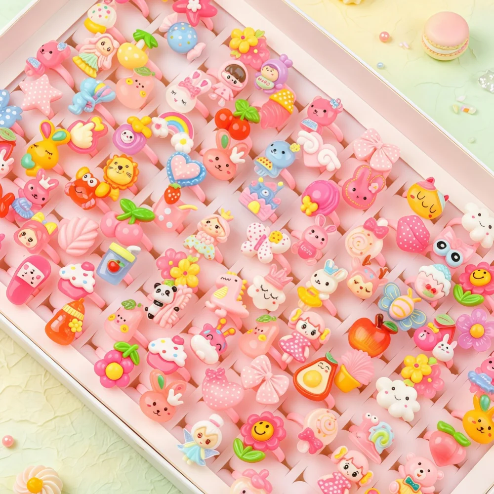 50/100Pcs/Lot Fashionable Sweet Cute Adjustable Cartoon Resin Rings For Women Fruit Animal Mix Styles Toy Jewelry Party Gifts
