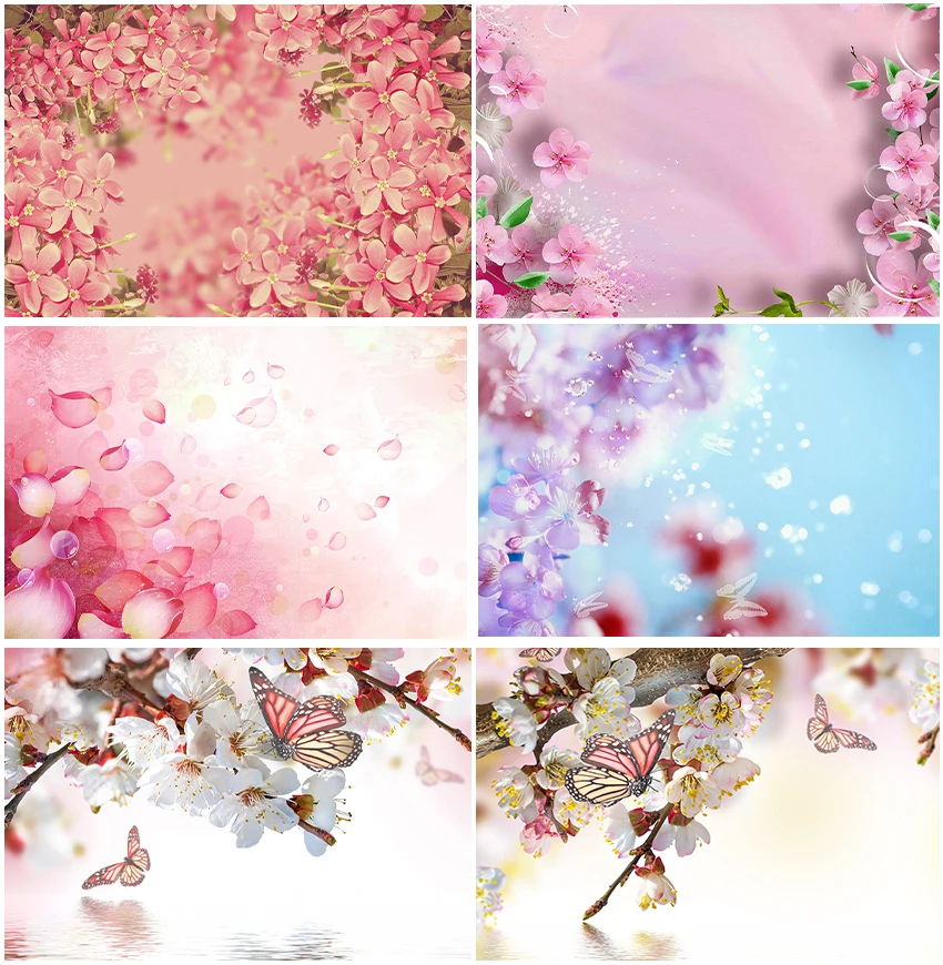 Arrière-plan de photographie de style panting pour adultes et enfants, papillon de fleurs de fleurs, toile de fond de photographie de printemps, art scénique, portrait de dame, studio photo