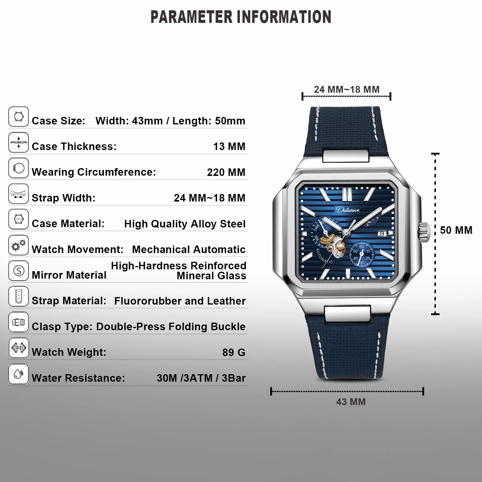 Dulunwe Mechanical Wrist Watch With Automatic Winding Square Design and High-Quality Fluoroelastomer Strap Automatic Watches