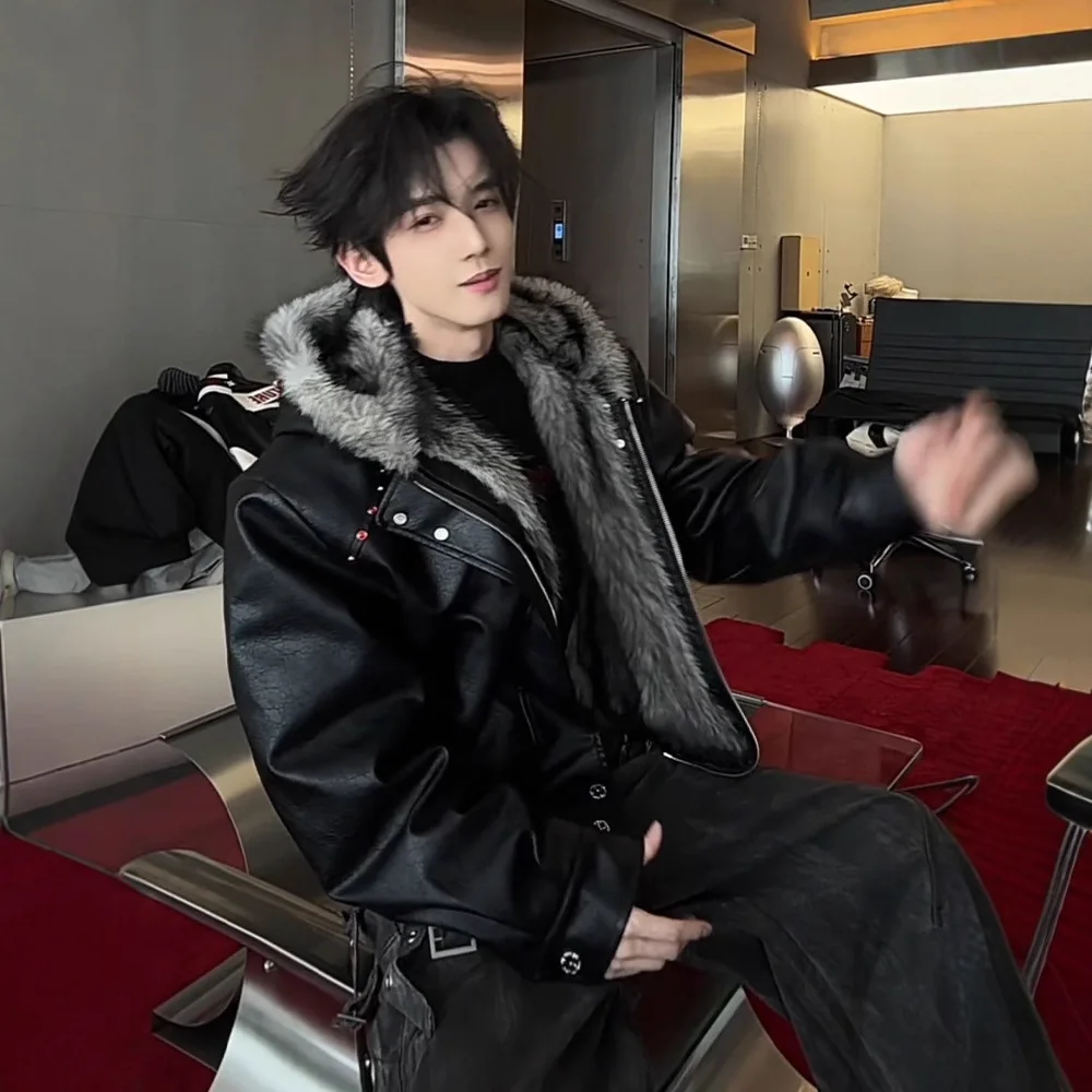 

American Sle Thiened Hooded Leather Jaet Men's Winter Fce Lined Coat with Fur Collar Casual Warm Long Sve Coat