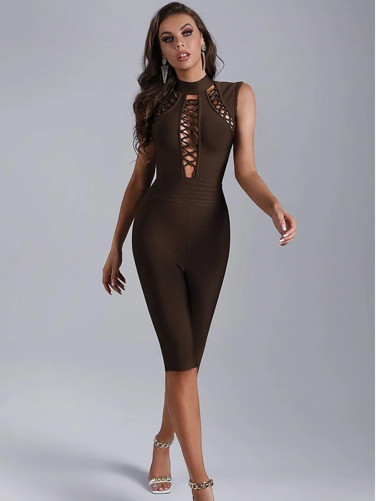 

Brown Color Women Sleeveless Hollow Out Sexy Bodycon Jumpsuit Rayon Bandage Nightclub Party Celebrate Playsuit High Quality