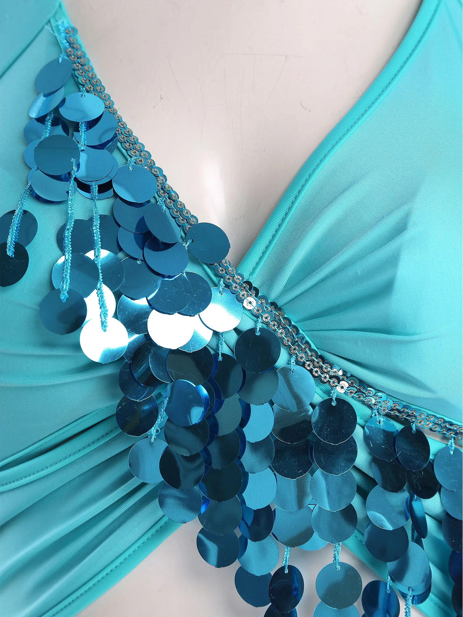 Women Shiny Belly Dancing Outfit Tassel Sequin Halter Crop Top with Fringe Hip Scarf Carnival Theme Party Performance Costume