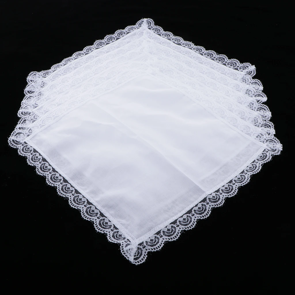 5x Cotton Hanky Lace Embroidery White Hankie
