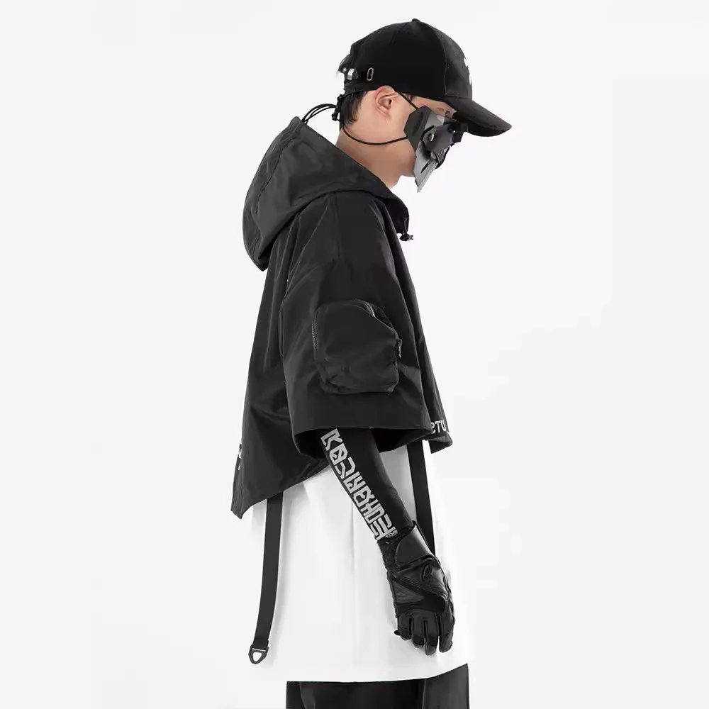 2024 Hotsale Techwear Style Hip Hop Cropped Jacket Pullover Mens Punk Motorcycle Hooded Cloak Multi-pockets Jaqueta