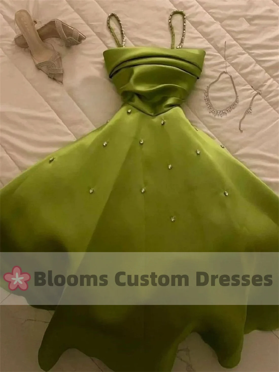 Customized Sage Green Satin Spaghetti Straps Prom Dress Beaded Prom Dress A-Line Party Gown Elegant Modern Custom Formal Dress