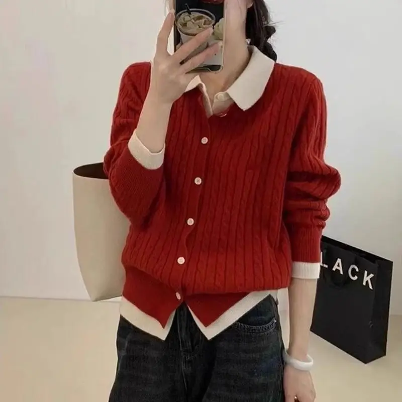 Fake Two Sweaters Knitted Sweater Spring and Autumn Korean Version POLO Collar Slim Fit Western-style Women\'s Cardigan Top