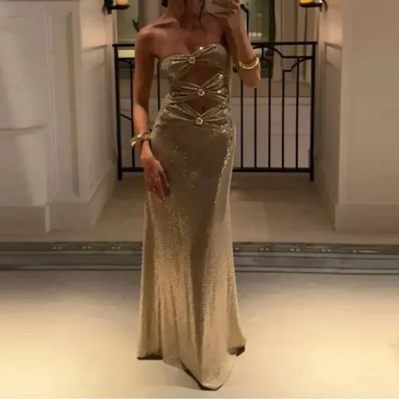 

Shiny Sequins Sleeveless Hollow Long Dress Elegant High Waist Party Dresses 2025 New Year Strapless Slim Christmas Evening Dress