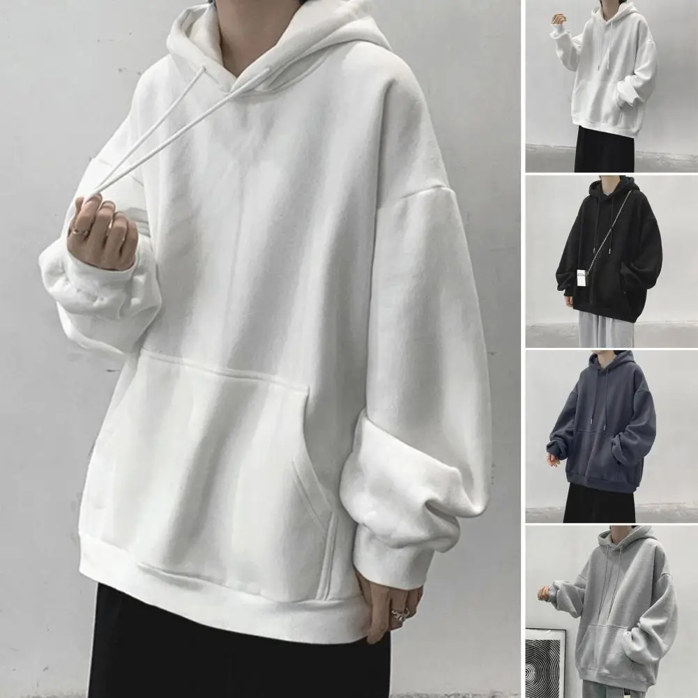 Men Fall Winter Hoodie Drawstring Elastic Cuff Thick Plus Size Big Patch Pocket Hooded Loose Warm Mid Length Sport Couple Top