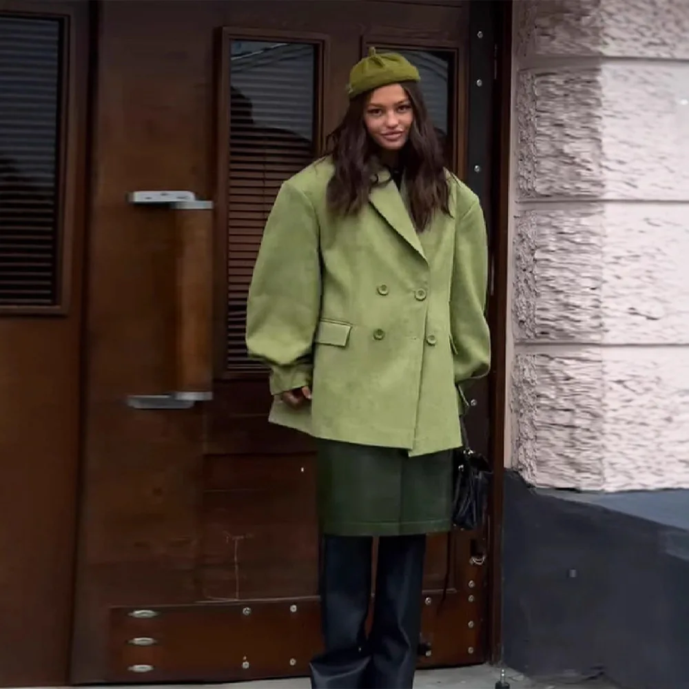 

2025 New Women Olive Green Oversized Notch Lapel Double Breasted Blazer Skirt Suit Elegant Commute Premium Outfit