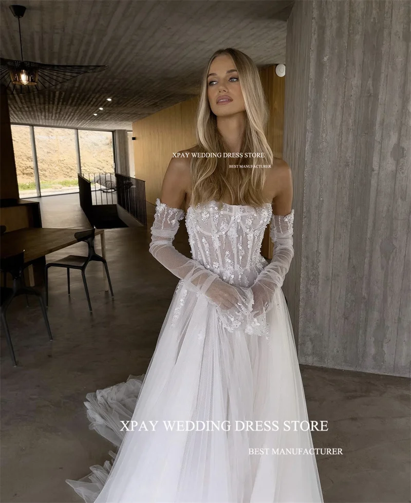 XPAY-Boho vestidos de casamento sem alças, laço brilhante, uma linha, Tulle Desoenda, Tribunal Trem, Vestidos País nupcial, 2023