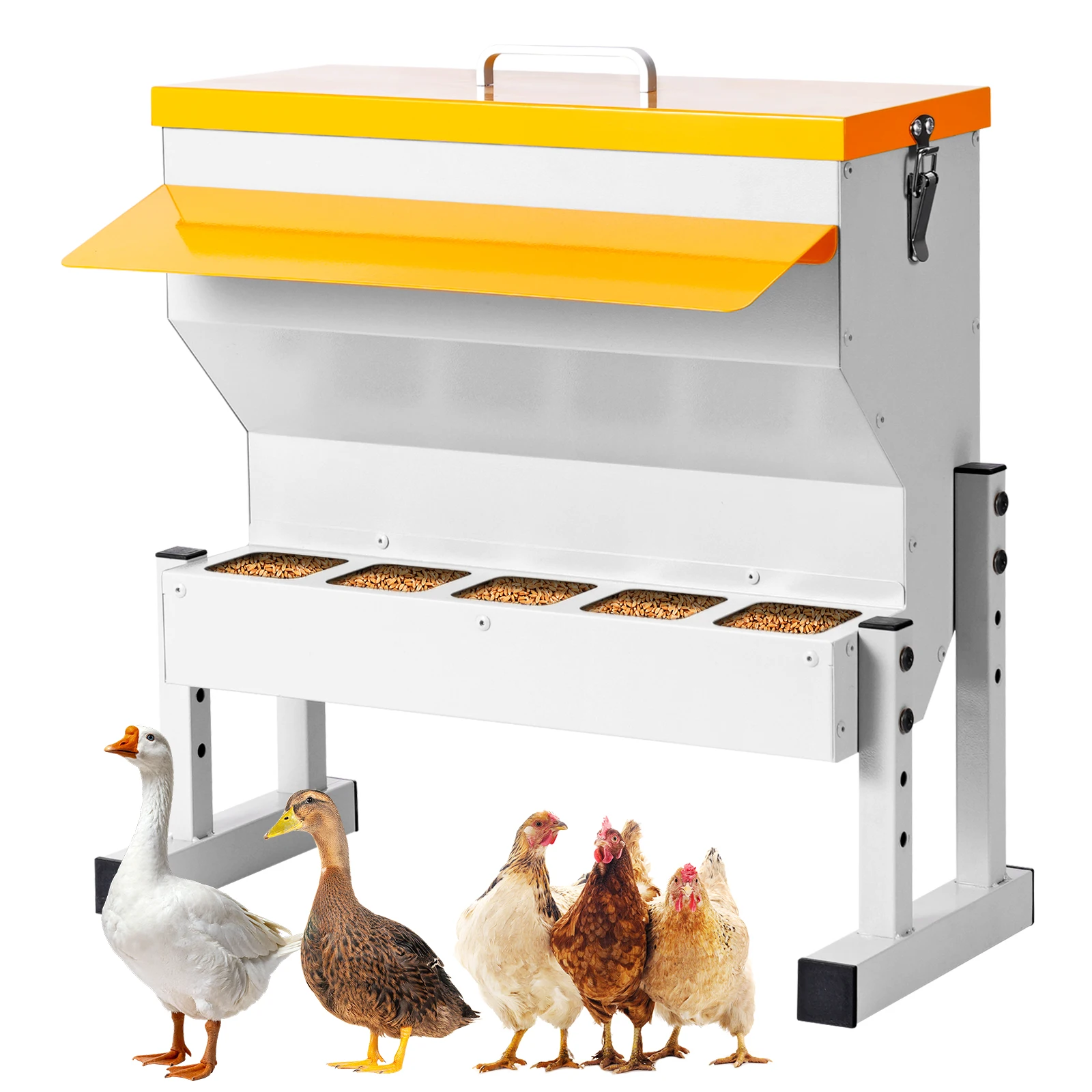 16L Large Capacity Poultry Chicken Feeder Galvanized Steel Feed Box with Rain Cover & Lockable Top Anti Waste Feeder