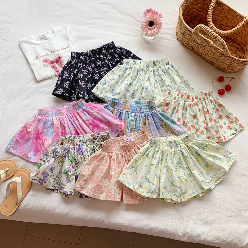 

2-8T Girls Shorts Flower Toddler Kids Baby Girl Clothes Cotton Summer Floral Skirt Shorts Beach Holiday Loose Wide-Leg Hot Pants
