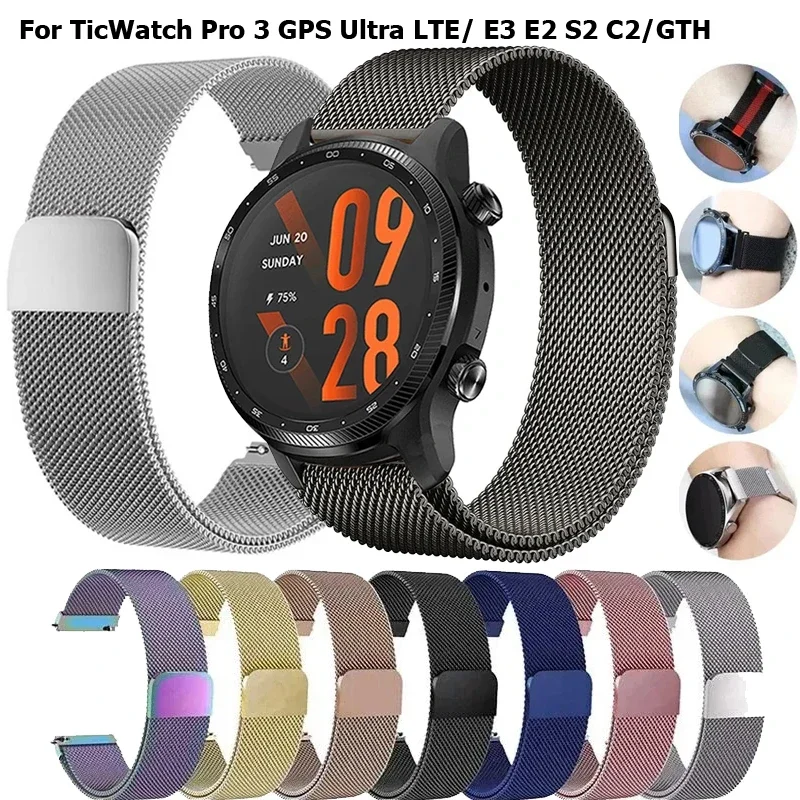 20mm 22mm Metal Strap For TicWatch Pro 3 GPS Ultra LTE Smartwatch Magnetic Loop Bracelets For TicWatch E3 E2 S2 C2Plus GTH Strap