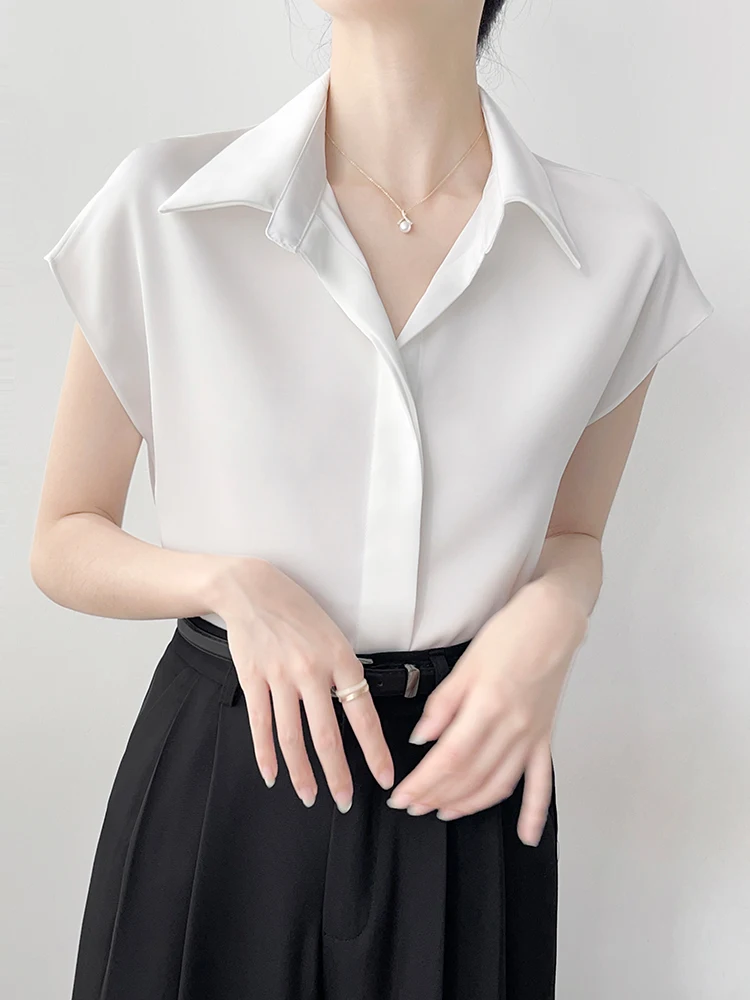 

Korean Sle ort Sve Silk irt Women's Summer New Simple Match Small Flng Sve Interview Commuting White irt