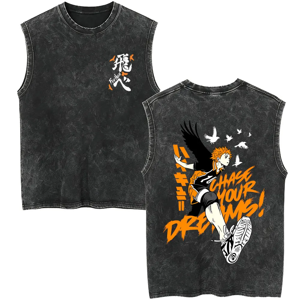 Anime Haikyuu Hinata Shoyo Fly High Vintage Washed Tank Tops Men's Clothing Manga Casual Sleeveless Vest Unisex Cotton T-shirt