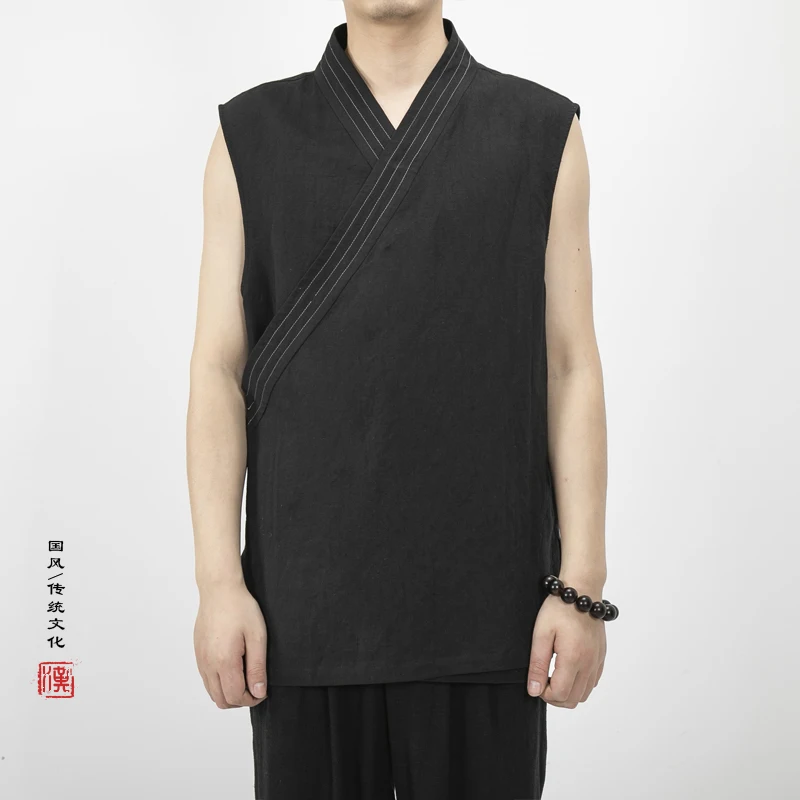 2023 Summer Chinese Traditional Sleeveless Jackets Hanfu Vest Men Linen Cotton  Top Mens Tang Suit Kimono Cardigan Mens Slit Top