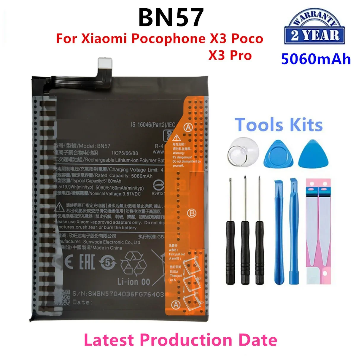 100% Orginal BN57 5060mAh Battery  For Xiaomi Pocophone X3 Poco /X3 Pro  Phone Replacement Batteries+Tools