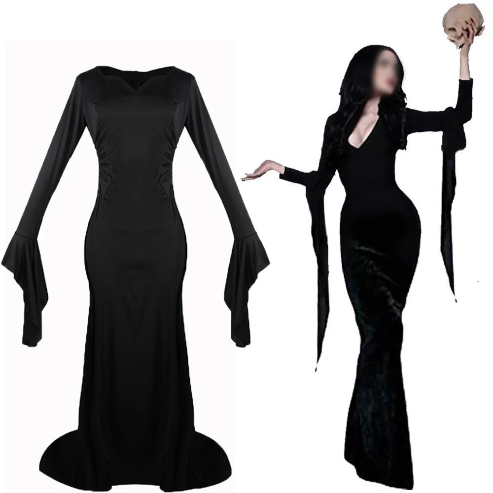 

Костюм для косплея из фильма Morticia, униформа для косплея в среду, черное платье для женщин, для Хэллоуина, карнавала, аниме, для ролевых игр