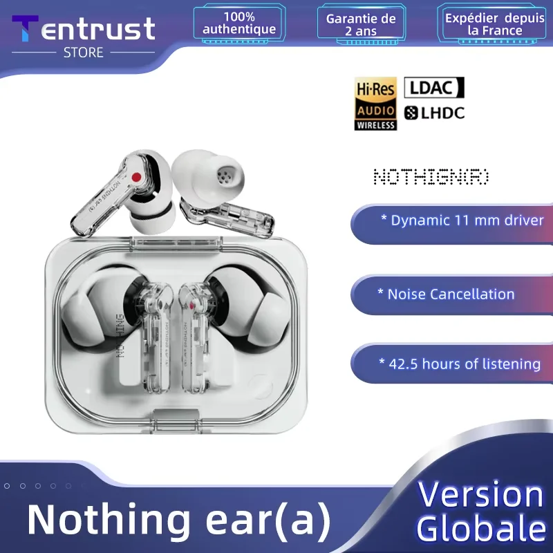 Nothing Ear (a) Écouteur Bluetooth sans fil Cancelation active du bruit Pilote dynamique 11 mm Jusqu'à 42,5 heures d'écoute LDAC