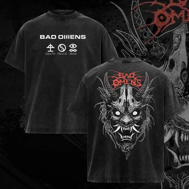 تي شيرت بغطاء للرأس من Bad Omens Dethrone، قميص بشريط معدني، تي شيرت جولة الروك، شورت بديل، تي شيرت رائج، رسومات التسعينيات