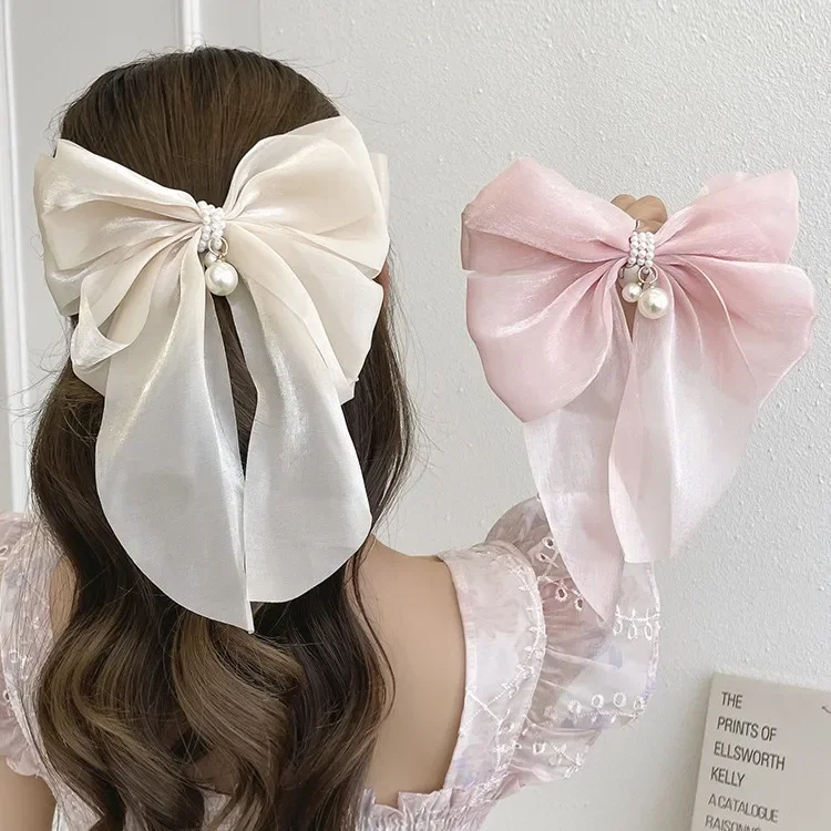 New Women\'s Long Ribbon Bow Spring Clip Solid Color High Grade Pearl Sweet and Cute Duckbill Clip Spring/Summer Fashion Headwear